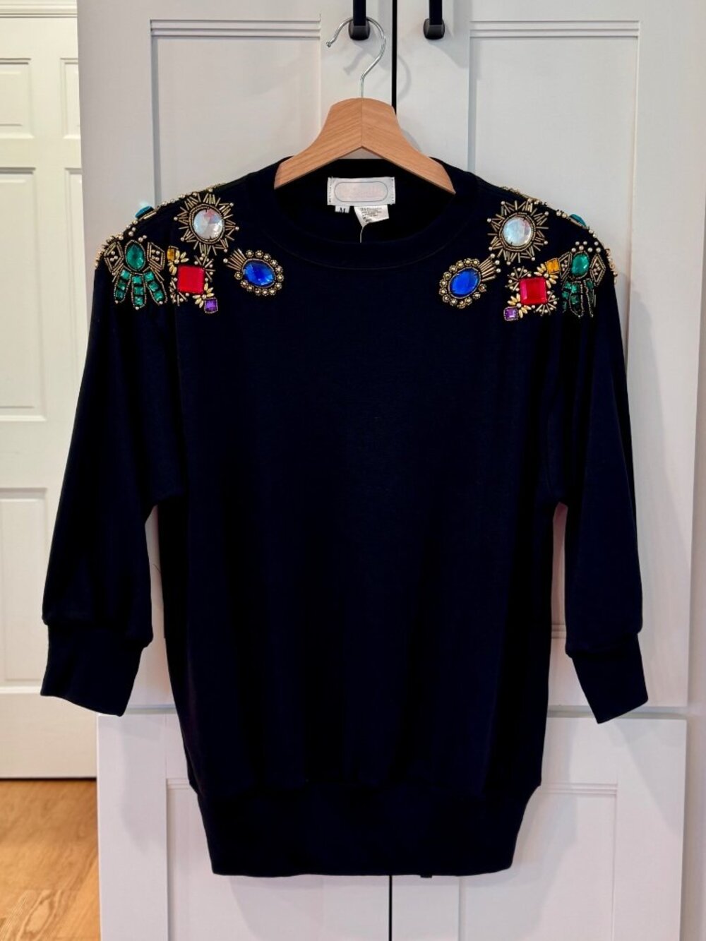 NWT Vintage 80s 90s Priscilla Black Top Blouse Shoulder Pads Jewels Embellished